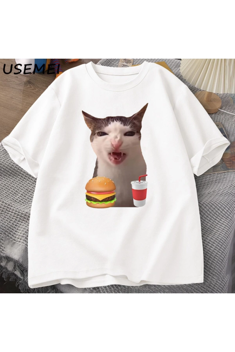 Kedi Crunching gıda Meme T-shirt kadın erkek aptal T shirt komik kedi yeme T-Shirt pamuk kısa