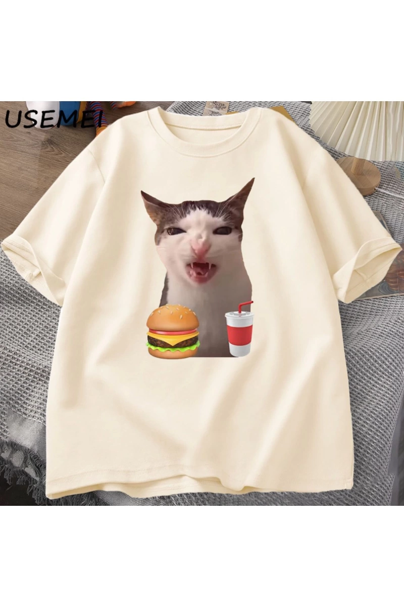 Kedi Crunching gıda Meme T-shirt kadın erkek aptal T shirt komik kedi yeme T-Shirt pamuk kısa