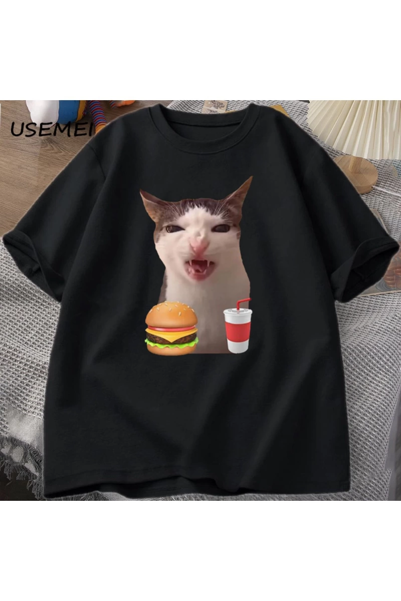 Kedi Crunching gıda Meme T-shirt kadın erkek aptal T shirt komik kedi yeme T-Shirt pamuk kısa