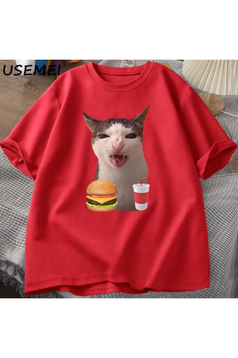 Kedi Crunching gıda Meme T-shirt kadın erkek aptal T shirt komik kedi yeme T-Shirt pamuk kısa