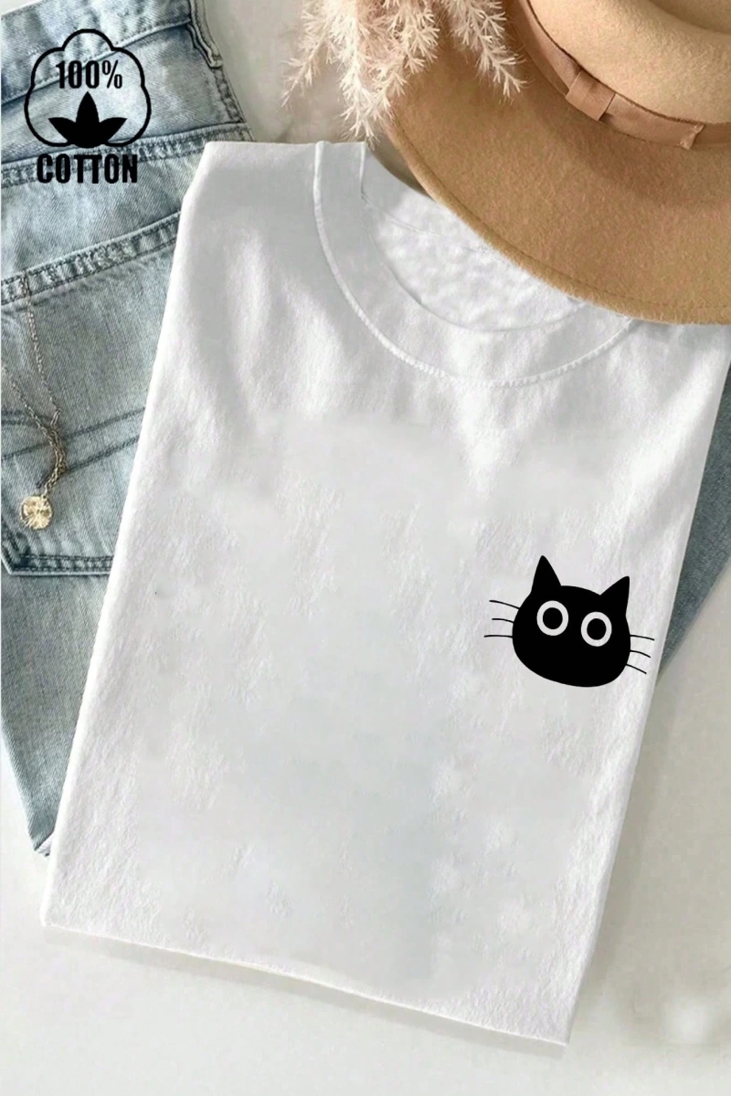 Kedi Desenli Yazlık Kadın %100 Pamuklu Kısa Kollu, Beyaz Üstler, Grafik Tişörtler, Pamuklu Ti