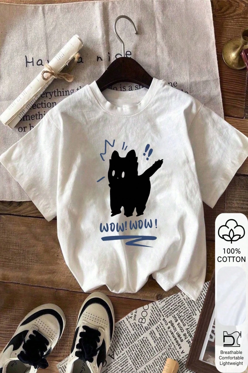 Kedi ve WOWO Baskı, Yazlık Kadın %100 Pamuklu Kısa Kollu, Beyaz Kısa Kollu, Grafik Tişörtler,
