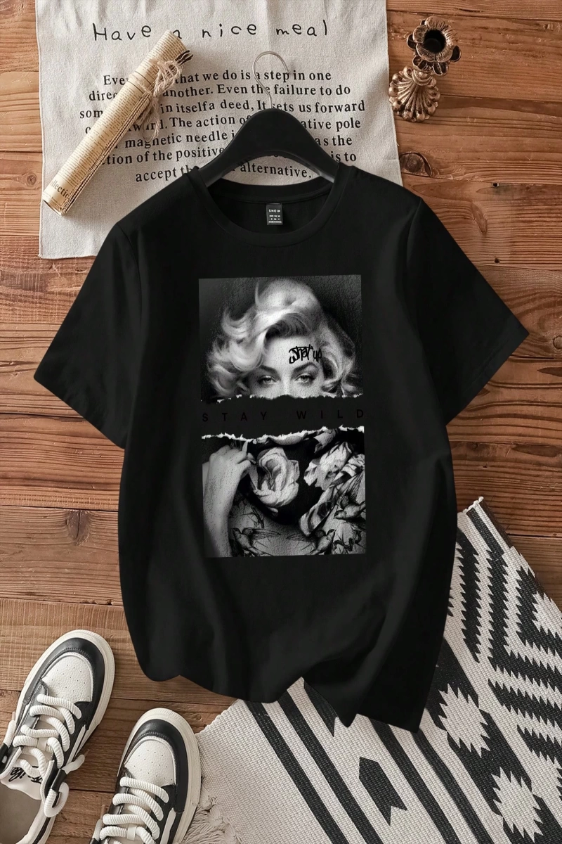 Kiraz Desen Minimalist Fitted Yuvarlak Yaka Kısa Kollu Kadın Tişörtü, Yaz İçin U