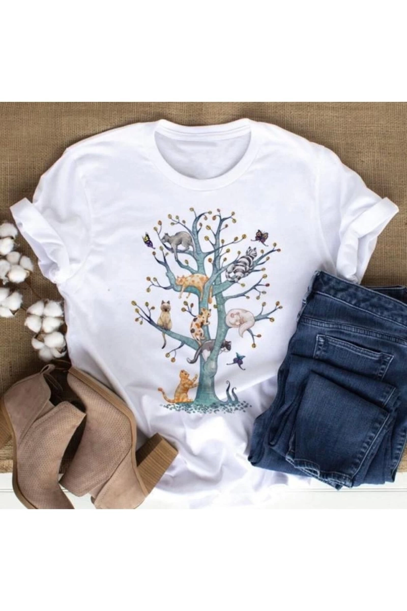 Kırmızı Etiket Kedi Desenli Kadın T-shirt Mod73 08570