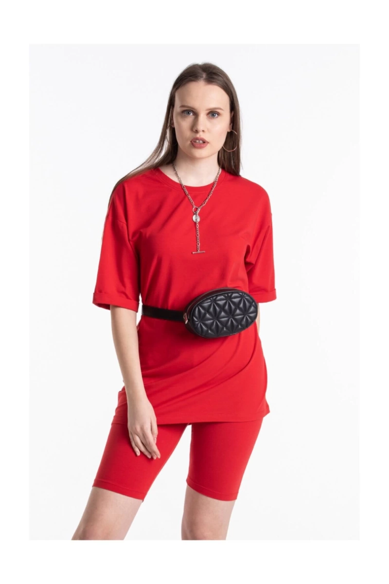 Kırmızı Renkli, Düz, Kısa Kollu Boyfriend Örme T-shirt