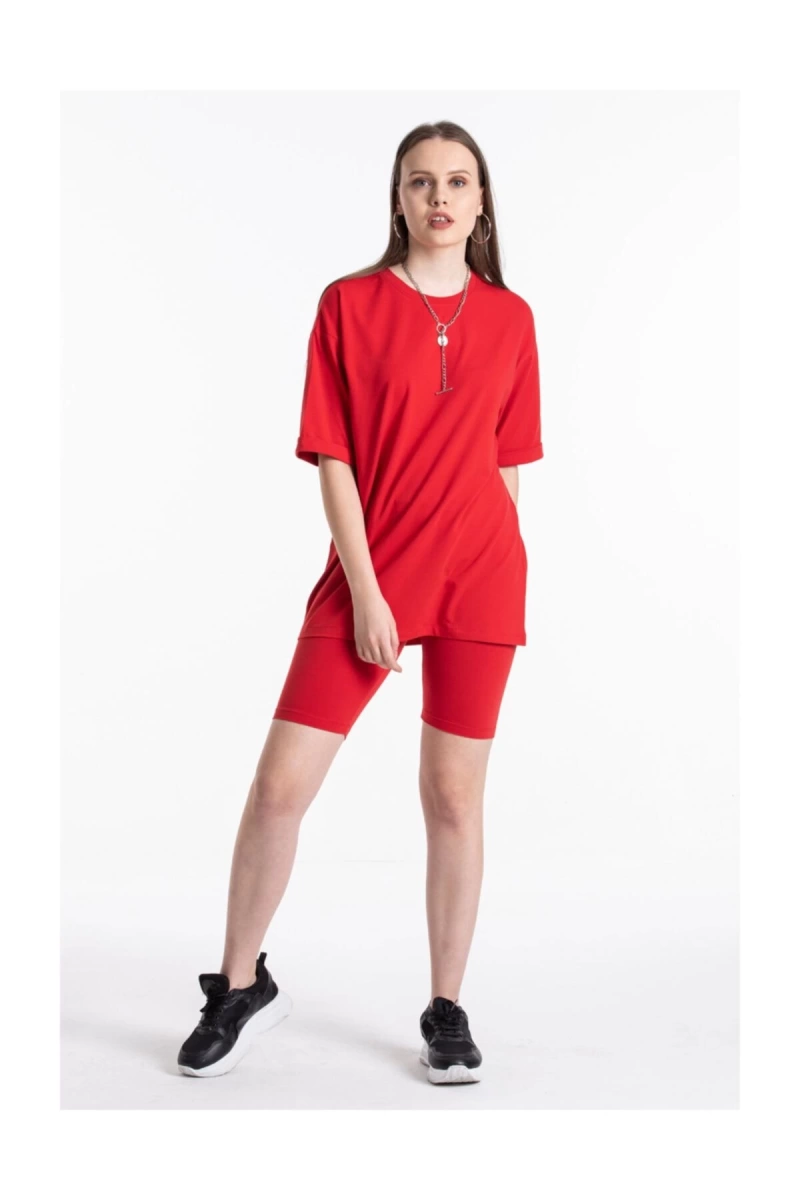Kırmızı Renkli, Düz, Kısa Kollu Boyfriend Örme T-shirt