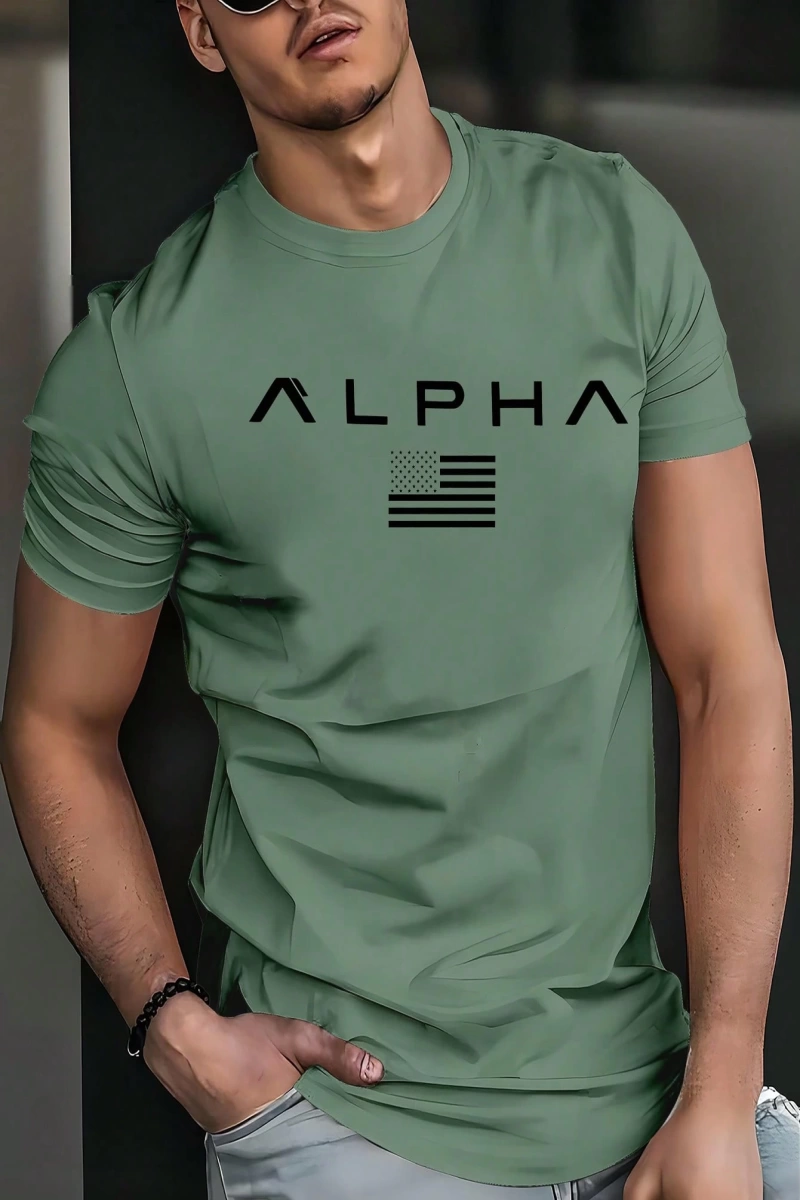 Kişiselleştirilmiş Grafik Kısa Kollu ALPHA ve Minimalist Logo Baskılı Nefes Alabilir Rahat