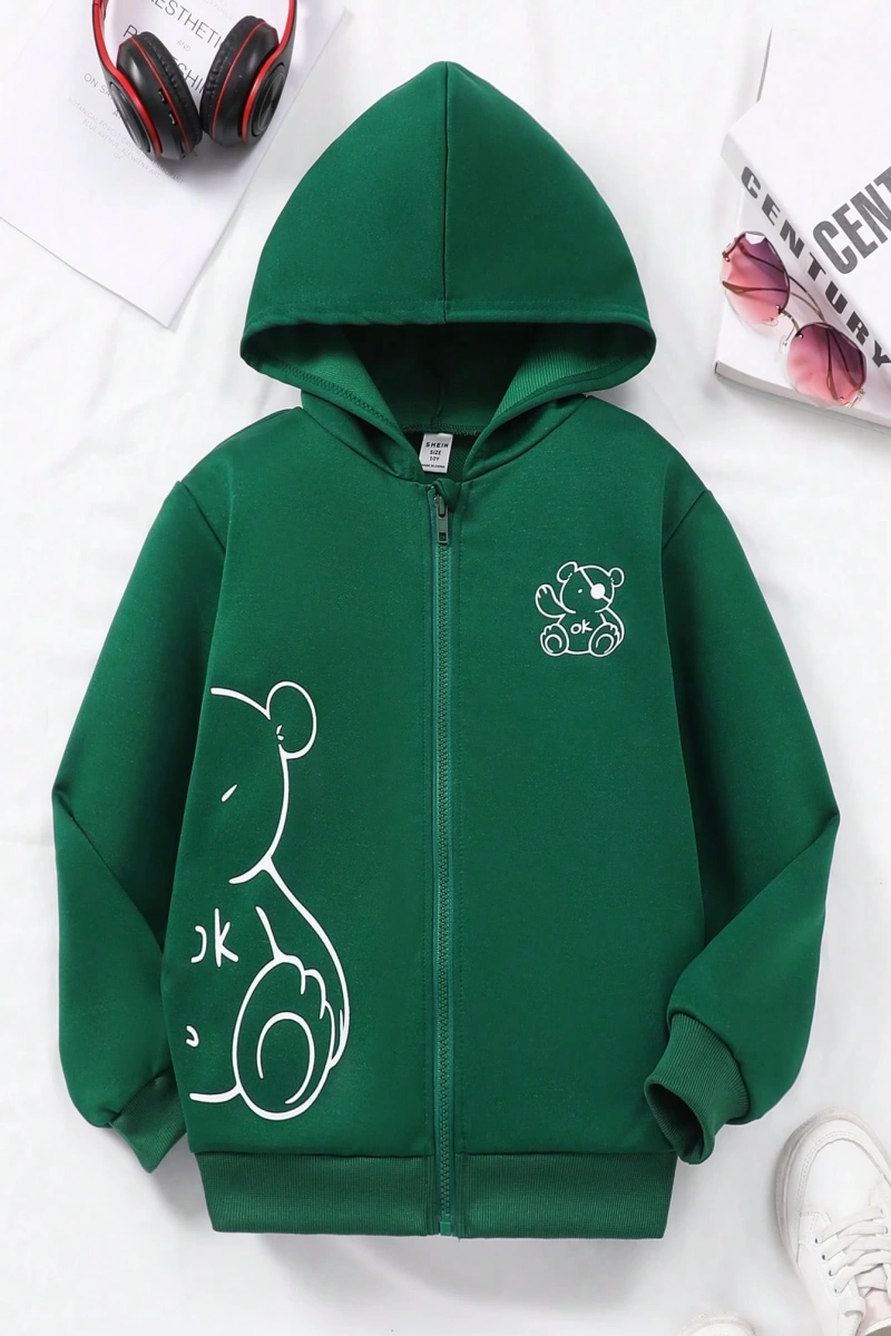 Kız Düz Renk Ayı Baskılı Kapüşonlu Sweatshirt Model 5139