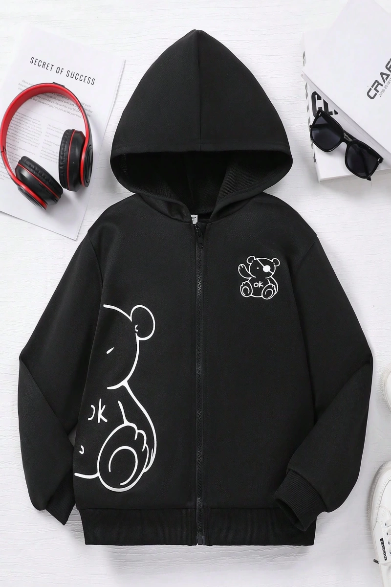 Kız Düz Renk Ayı Baskılı Kapüşonlu Sweatshirt Model 5139