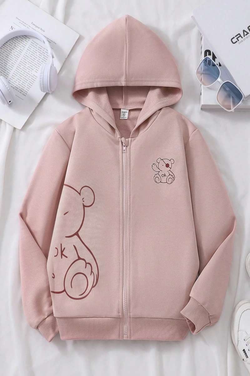Kız Düz Renk Ayı Baskılı Kapüşonlu Sweatshirt Model 5139