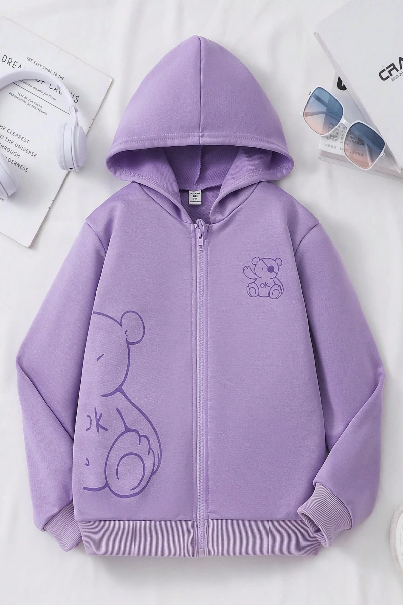 Kız Düz Renk Ayı Baskılı Kapüşonlu Sweatshirt Model 5139