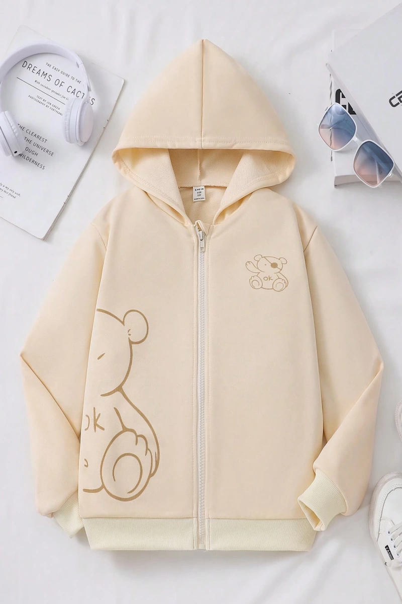 Kız Düz Renk Ayı Baskılı Kapüşonlu Sweatshirt Model 5139