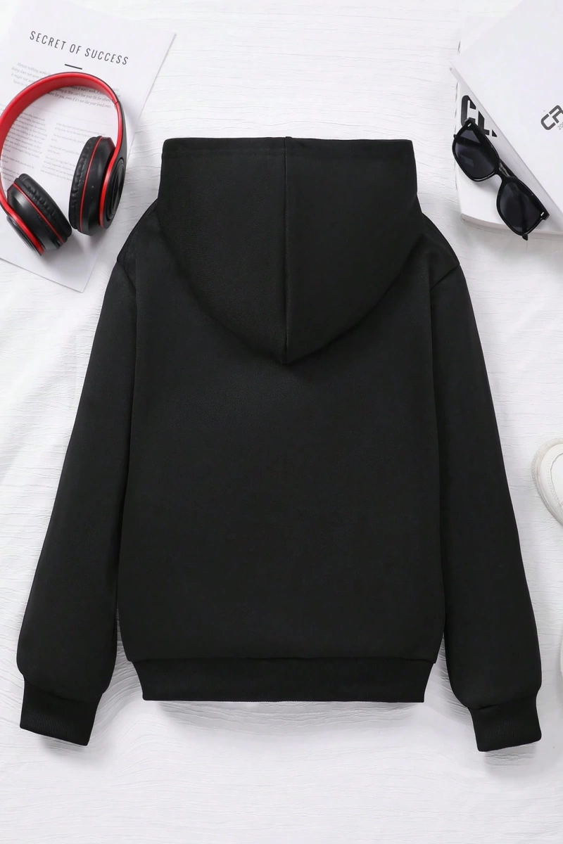 Kız Düz Renk Ayı Baskılı Kapüşonlu Sweatshirt Model 5139