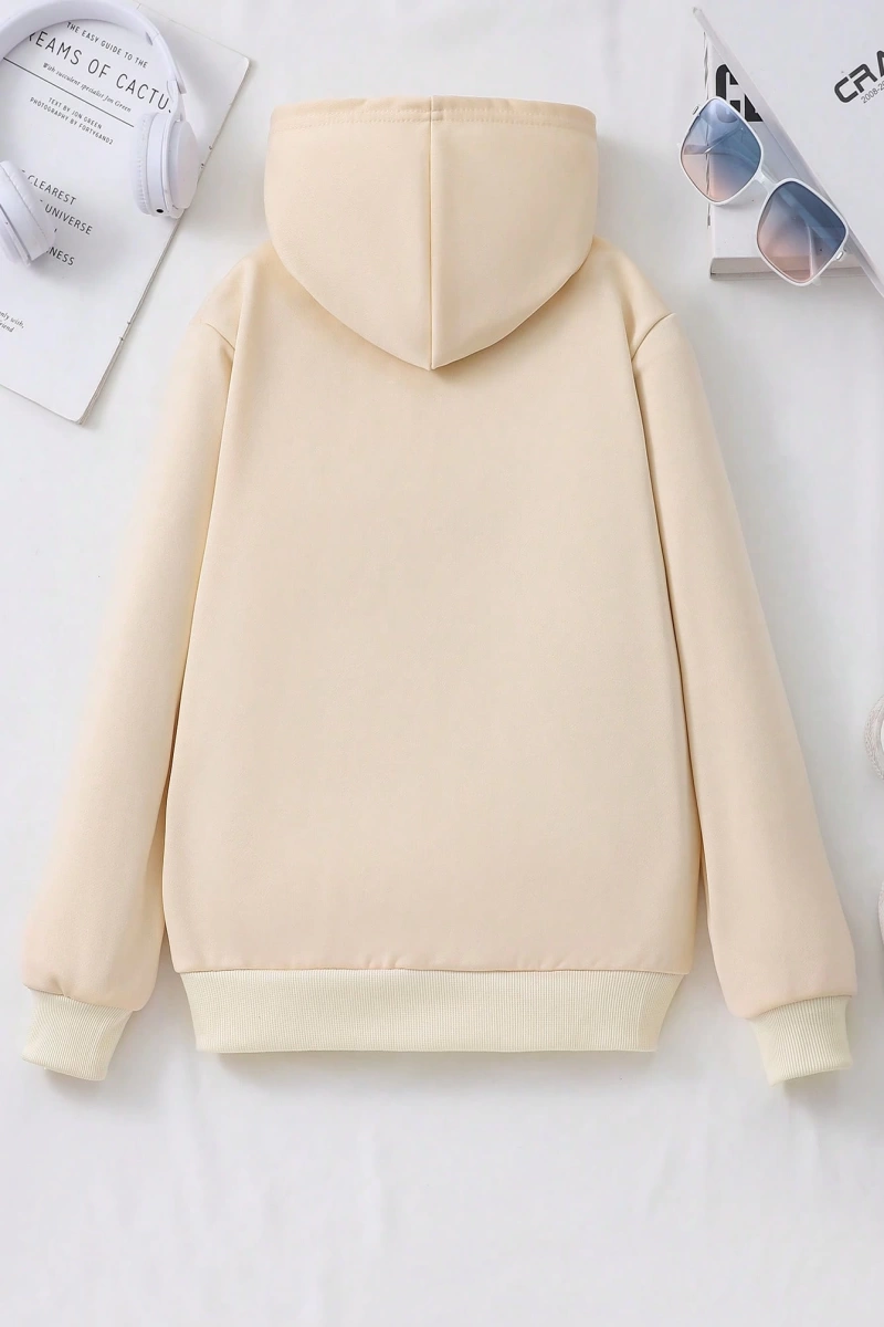 Kız Düz Renk Ayı Baskılı Kapüşonlu Sweatshirt Model 5139