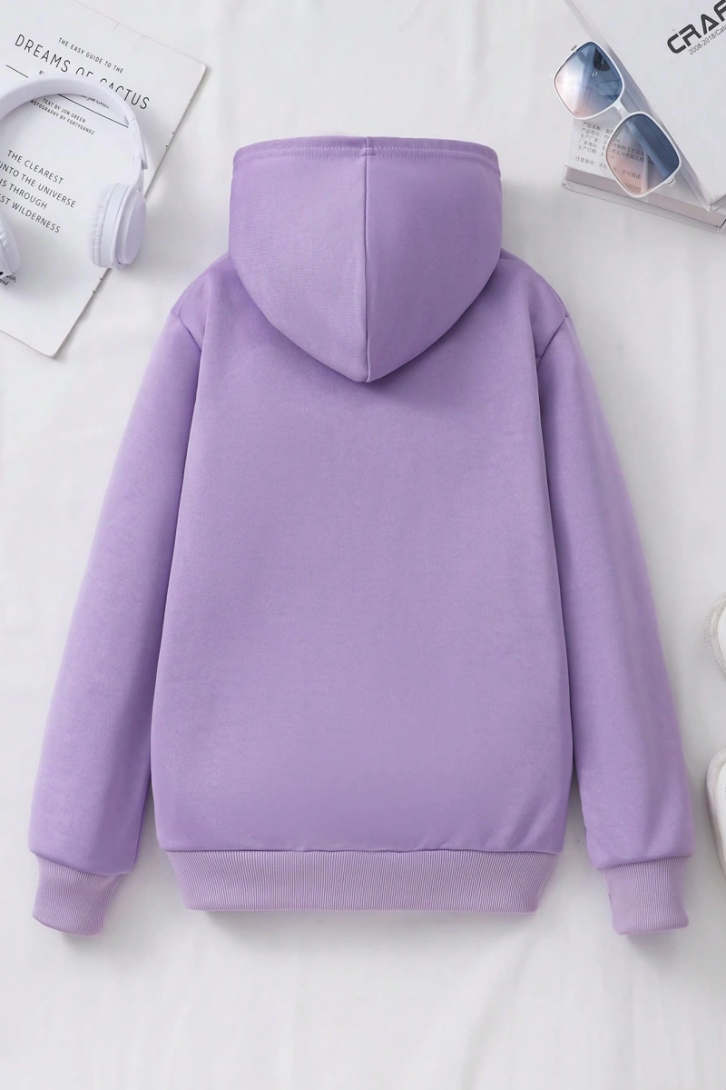 Kız Düz Renk Ayı Baskılı Kapüşonlu Sweatshirt Model 5139