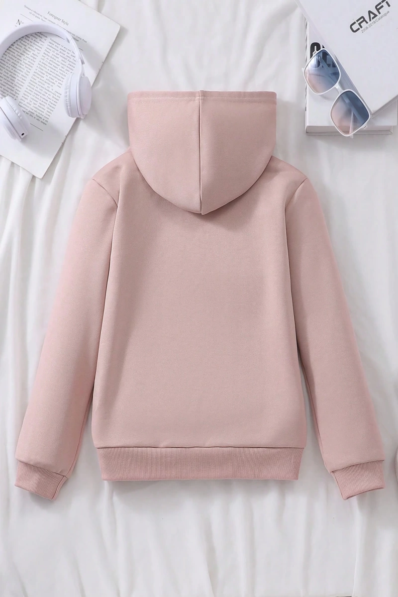 Kız Düz Renk Ayı Baskılı Kapüşonlu Sweatshirt Model 5139