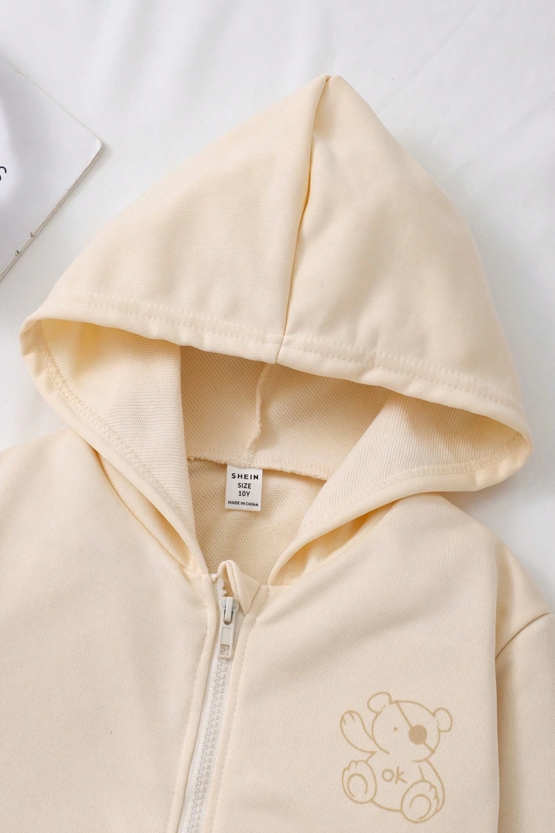 Kız Düz Renk Ayı Baskılı Kapüşonlu Sweatshirt Model 5139