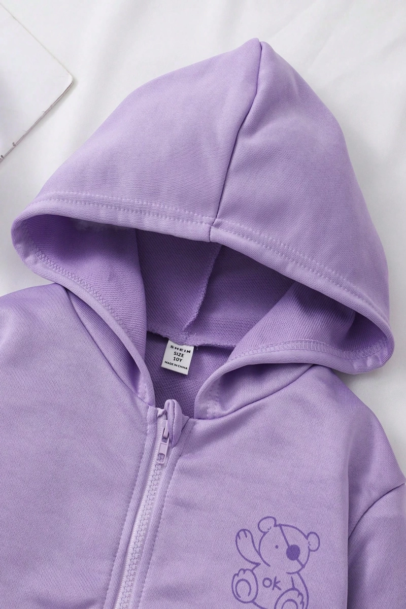 Kız Düz Renk Ayı Baskılı Kapüşonlu Sweatshirt Model 5139