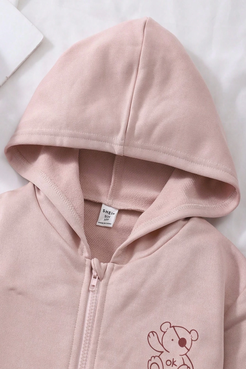 Kız Düz Renk Ayı Baskılı Kapüşonlu Sweatshirt Model 5139