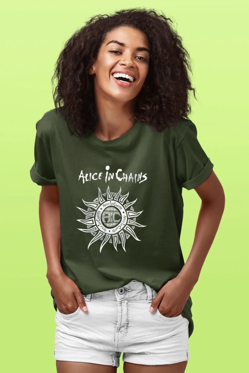 Ko Buta Alice In Chains Baskılı Unisex Haki Yeşil Tişört Tk619