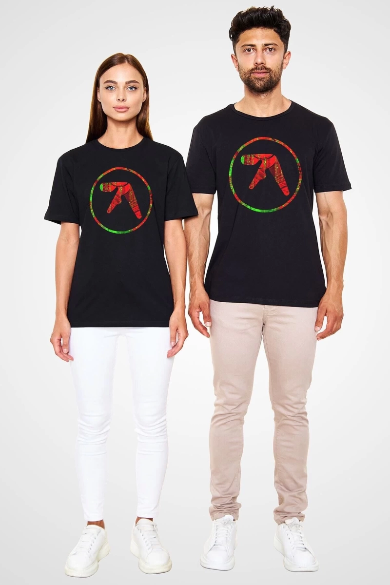 Ko Buta Aphex Twin Baskılı Unisex Siyah Tişört - Tshirt T57511