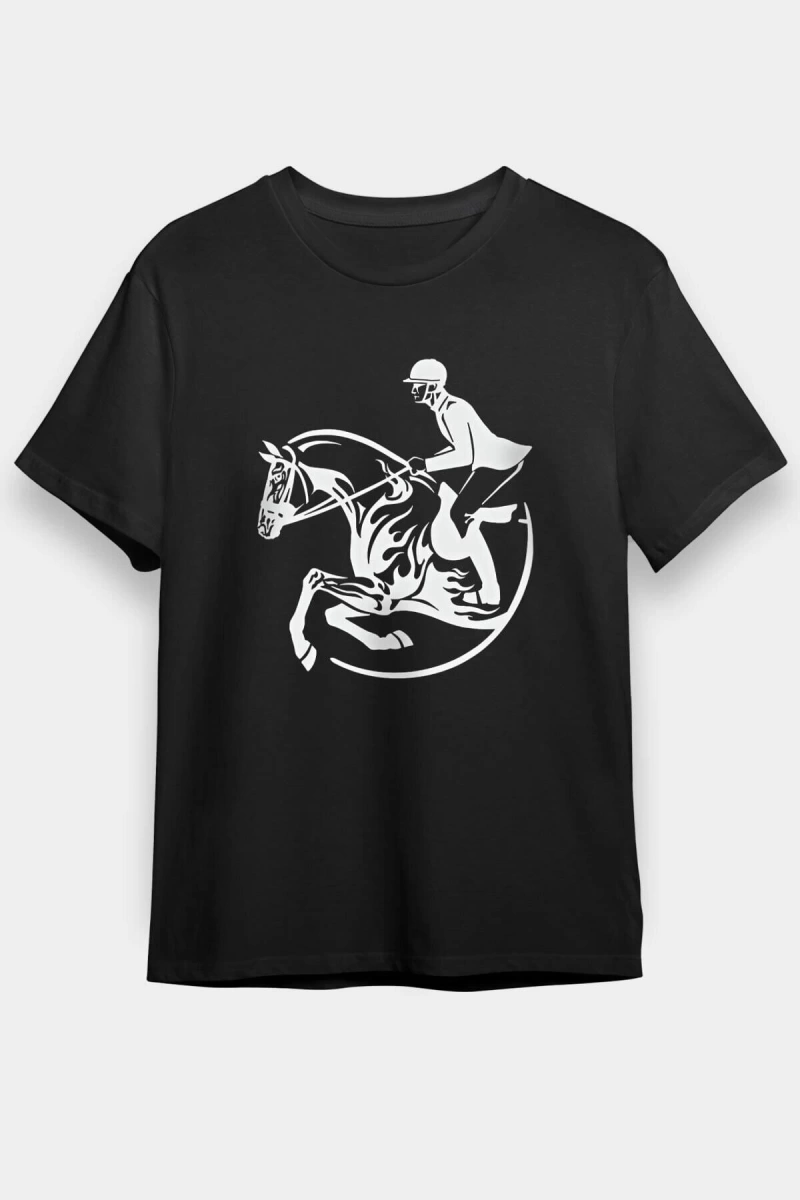 Ko Buta At Yarışı - Horse Race Baskılı Unisex Siyah Tişört - Tshirt T54044