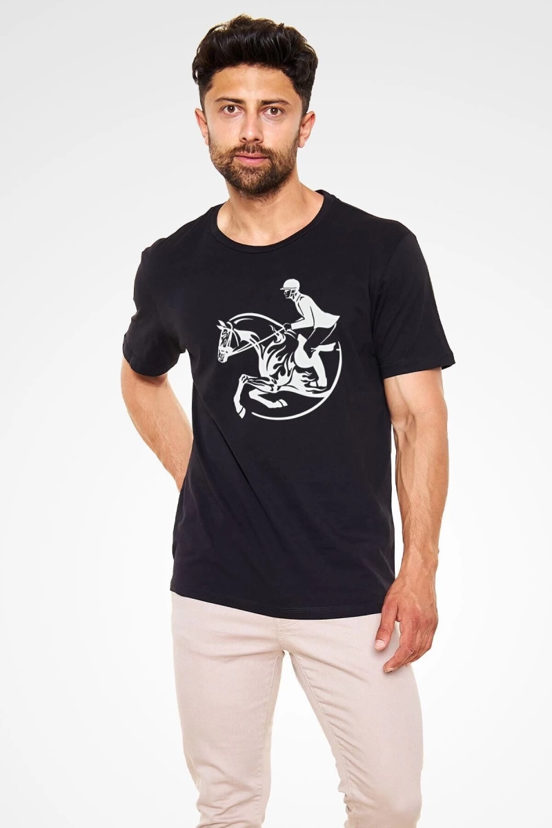Ko Buta At Yarışı - Horse Race Baskılı Unisex Siyah Tişört - Tshirt T54044