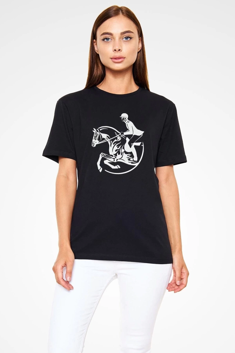 Ko Buta At Yarışı - Horse Race Baskılı Unisex Siyah Tişört - Tshirt T54044