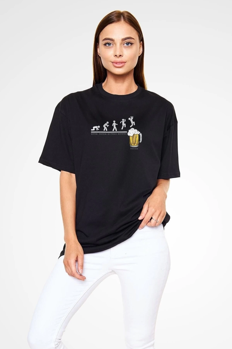 Ko Buta Bira Evrimi Baskılı Unisex Oversize Tişört - Tshirt Os20103