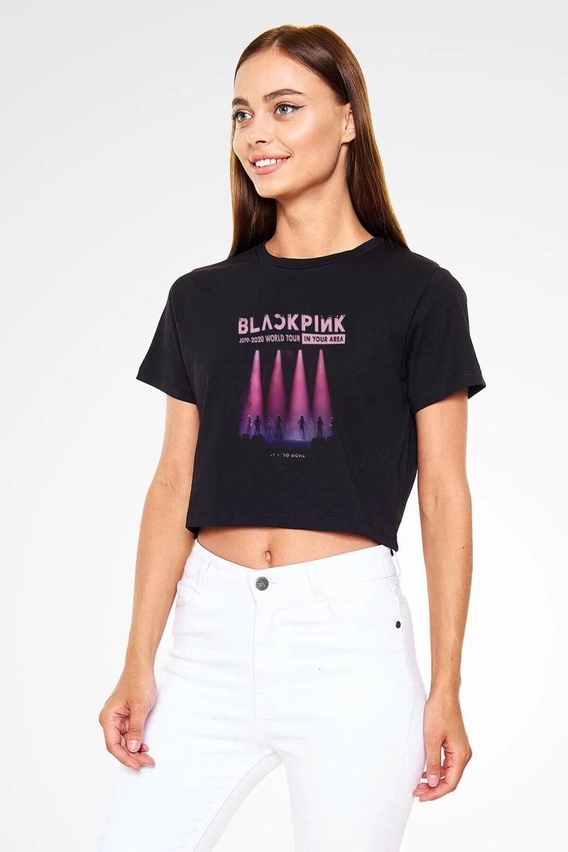 Ko Buta Black Pink Baskılı Kadın Siyah Crop Top Tişört Ct18561