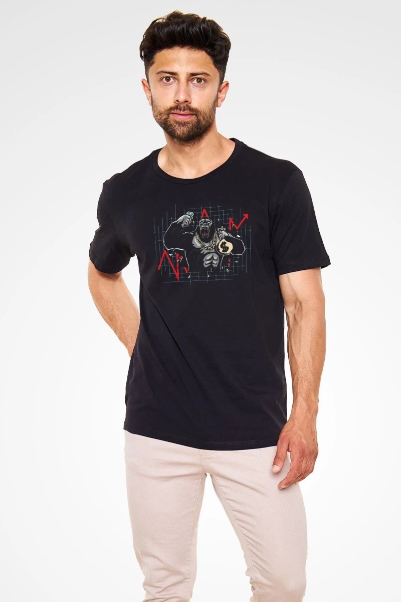 Ko Buta Borsacı Goril Baskılı Unisex Siyah Tişört T14368