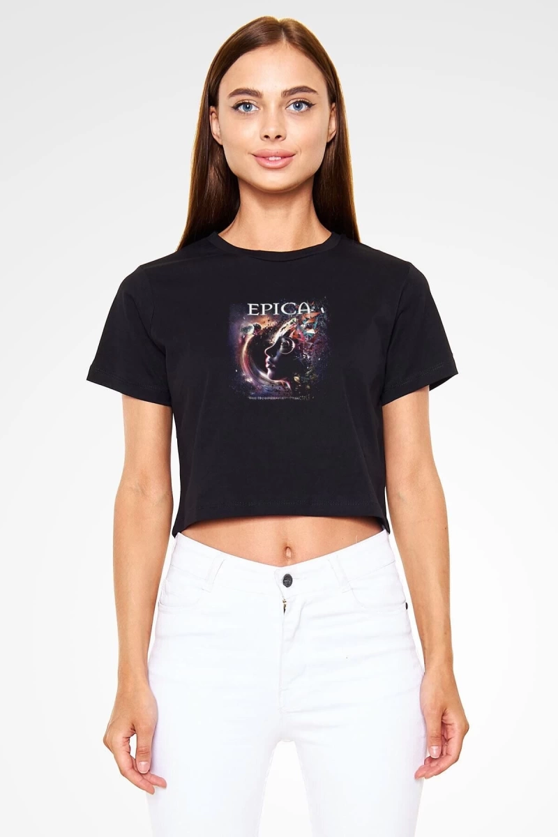 Ko Buta Epica Baskılı Siyah Crop Top Tişört Ct55835