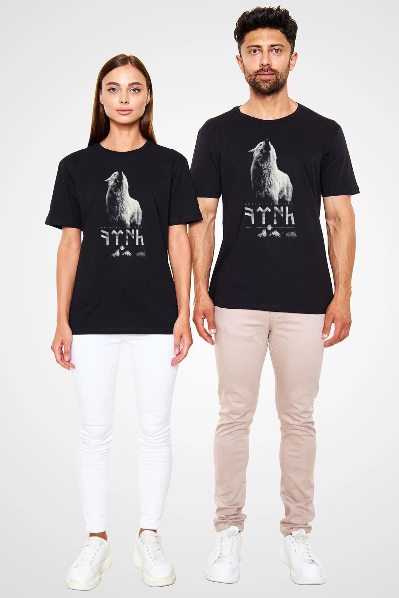 Ko Buta Göktürk Baskılı Unisex Siyah Tişört - Tshirt T60013