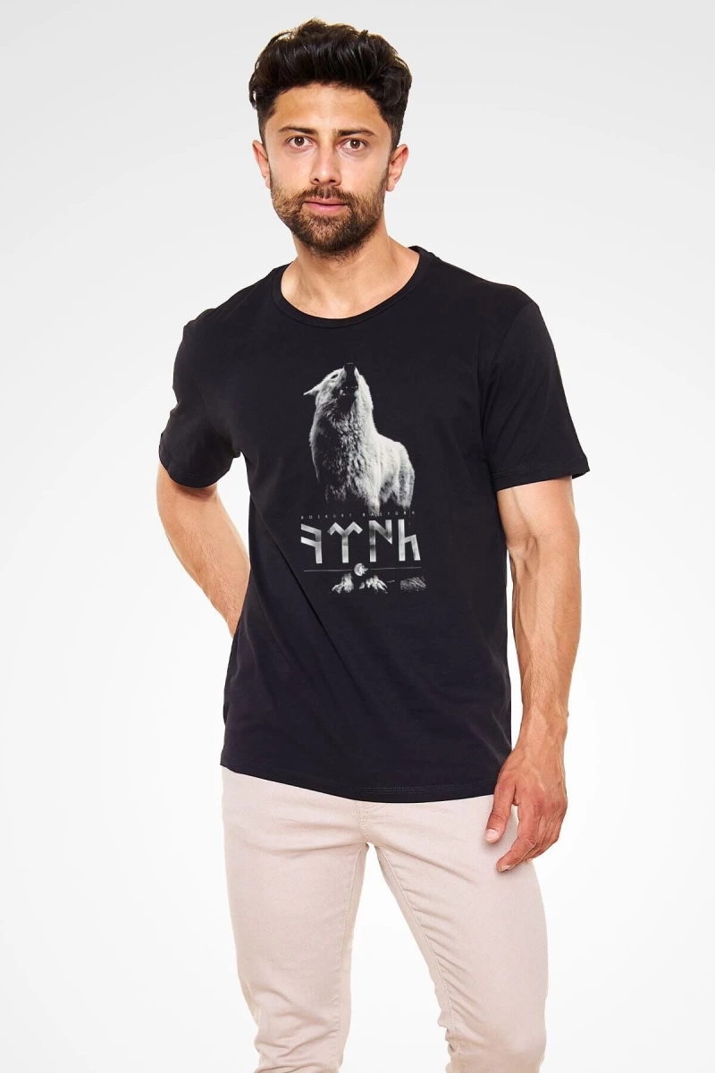 Ko Buta Göktürk Baskılı Unisex Siyah Tişört - Tshirt T60013