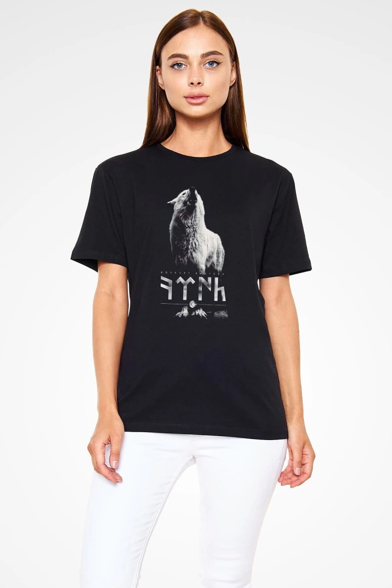Ko Buta Göktürk Baskılı Unisex Siyah Tişört - Tshirt T60013