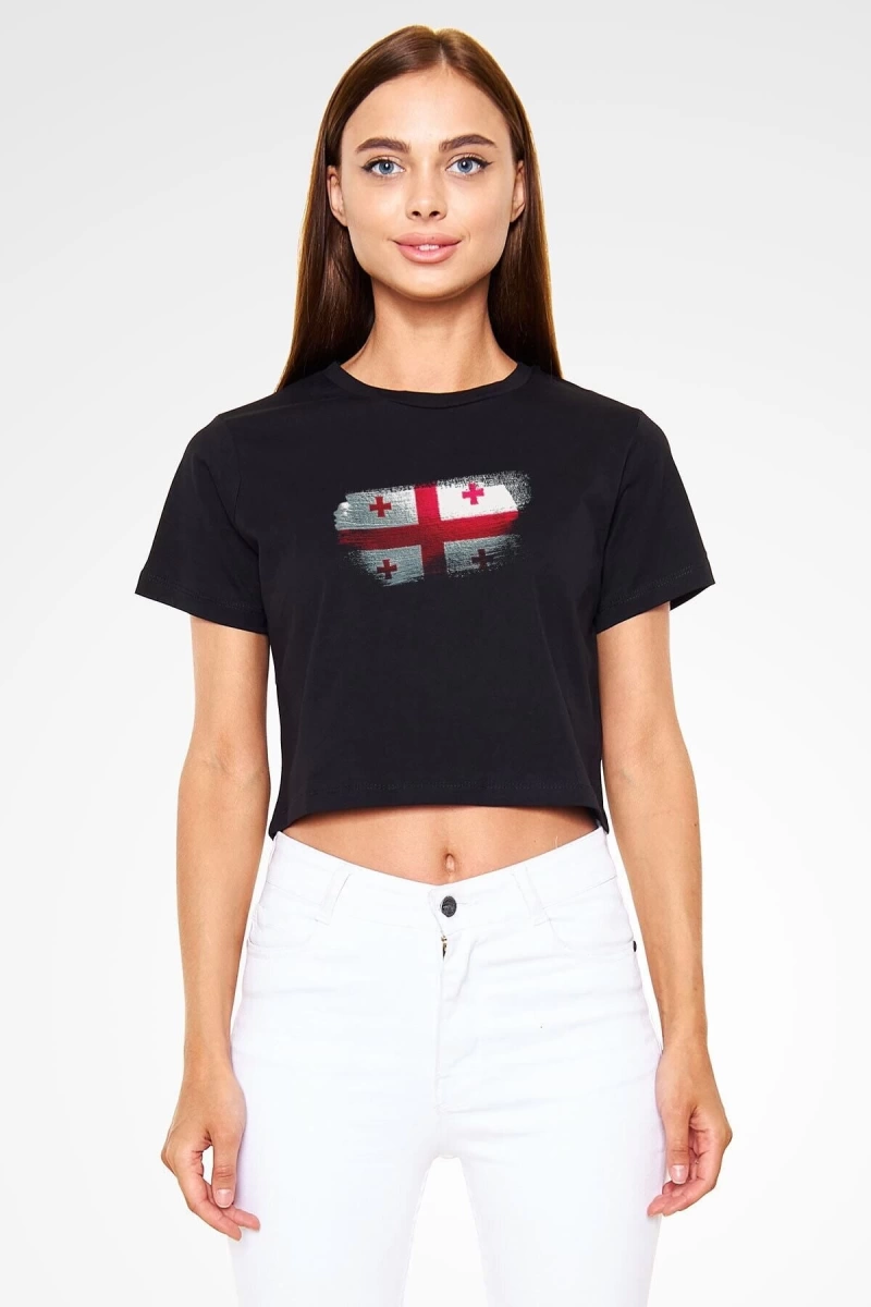 Ko Buta Gürcistan - Georgia Bayrağı Baskılı Kadın Crop Top Siyah Tişört Ct21113