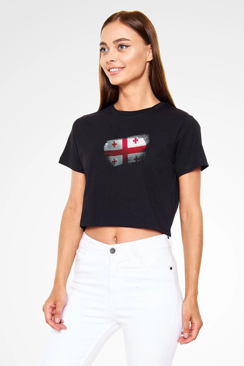 Ko Buta Gürcistan - Georgia Bayrağı Baskılı Kadın Crop Top Siyah Tişört Ct21113