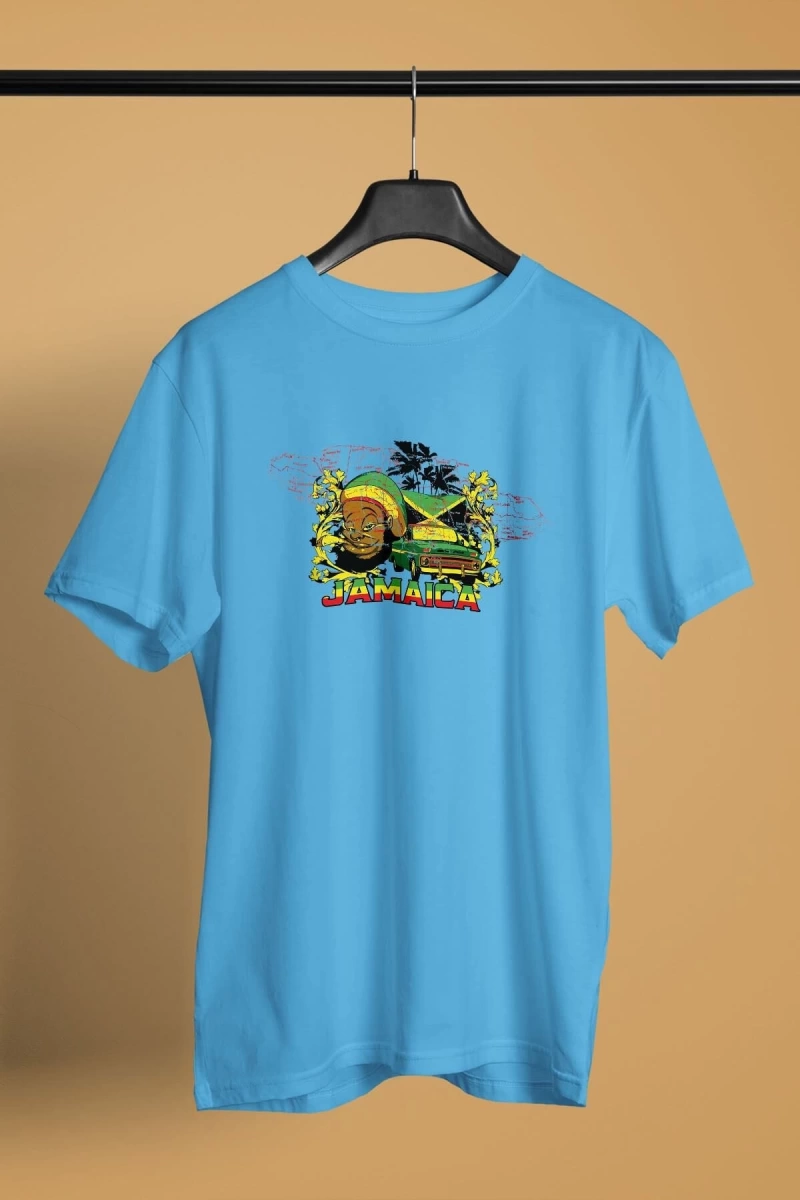 Ko Buta Jamaika Baskılı Unisex Turkuaz Tişört To17424