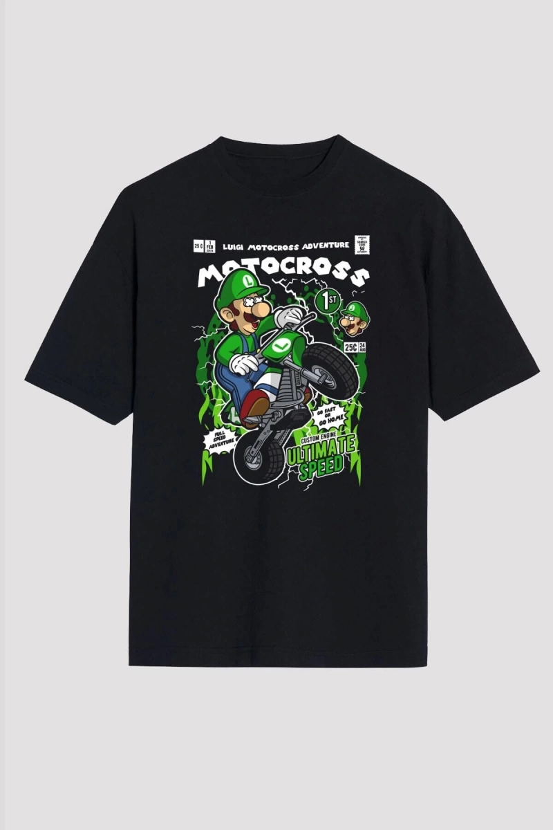 Ko Buta Luigi Motocross Baskılı Unisex Siyah Oversize Tişört Os17889