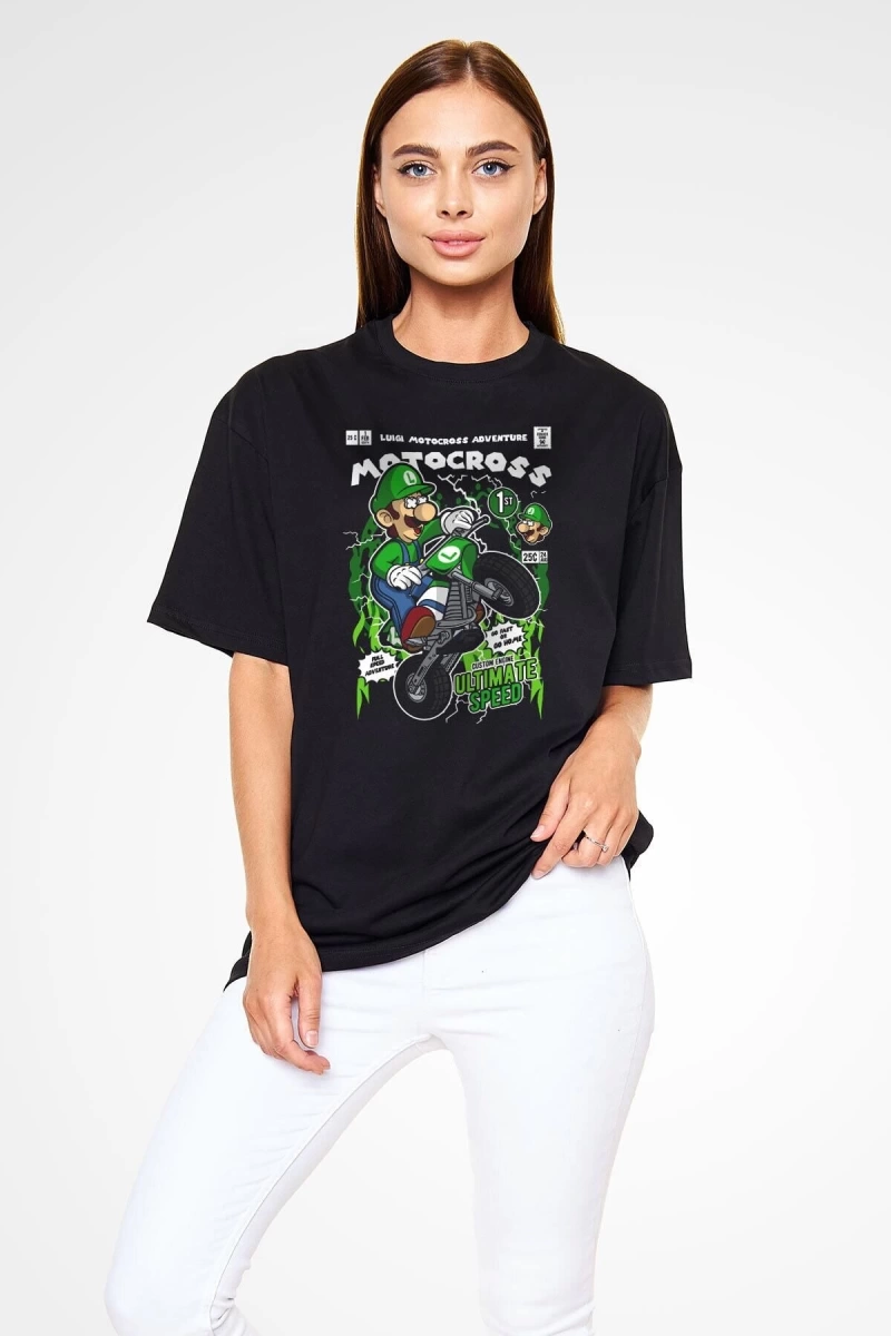 Ko Buta Luigi Motocross Baskılı Unisex Siyah Oversize Tişört Os17889