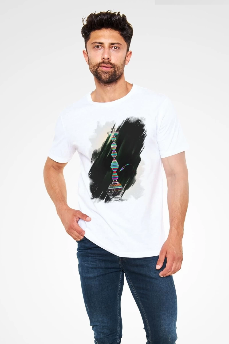 Ko Buta Nargile Baskılı Unisex Beyaz Tişört T9946