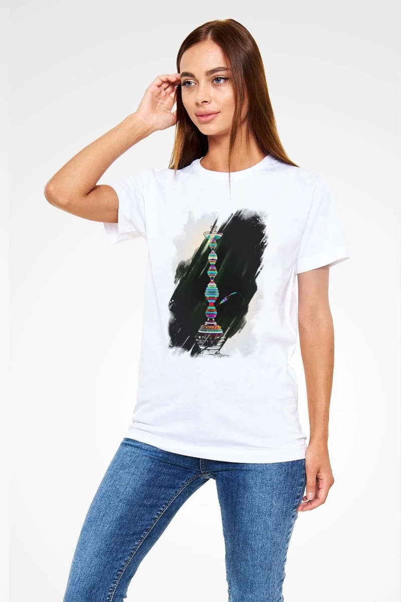 Ko Buta Nargile Baskılı Unisex Beyaz Tişört T9946