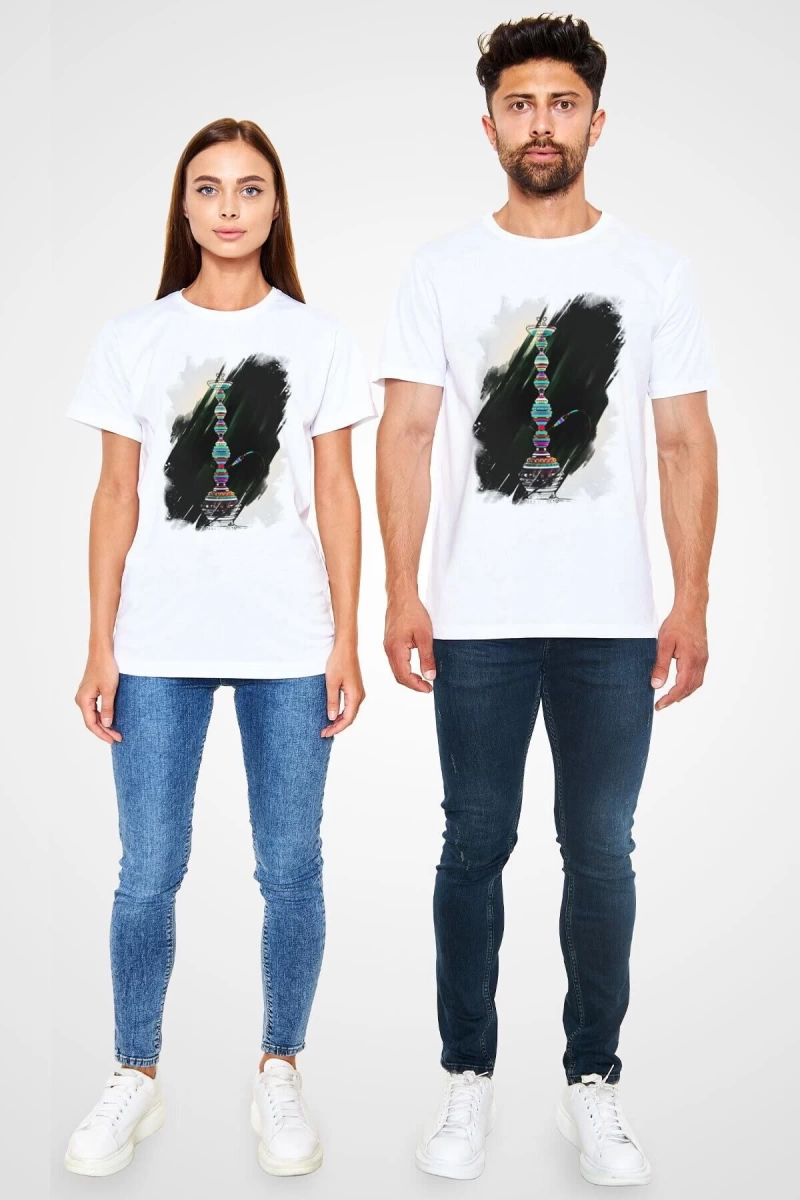 Ko Buta Nargile Baskılı Unisex Beyaz Tişört T9946