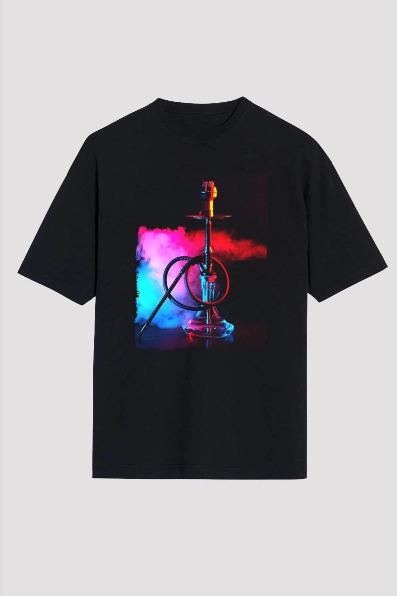 Ko Buta Nargile Baskılı Unisex Siyah Oversize T-shirt Os9944
