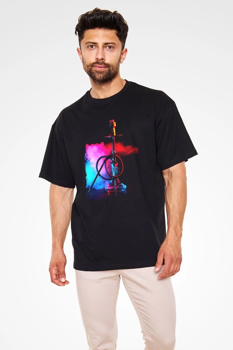 Ko Buta Nargile Baskılı Unisex Siyah Oversize T-shirt Os9944