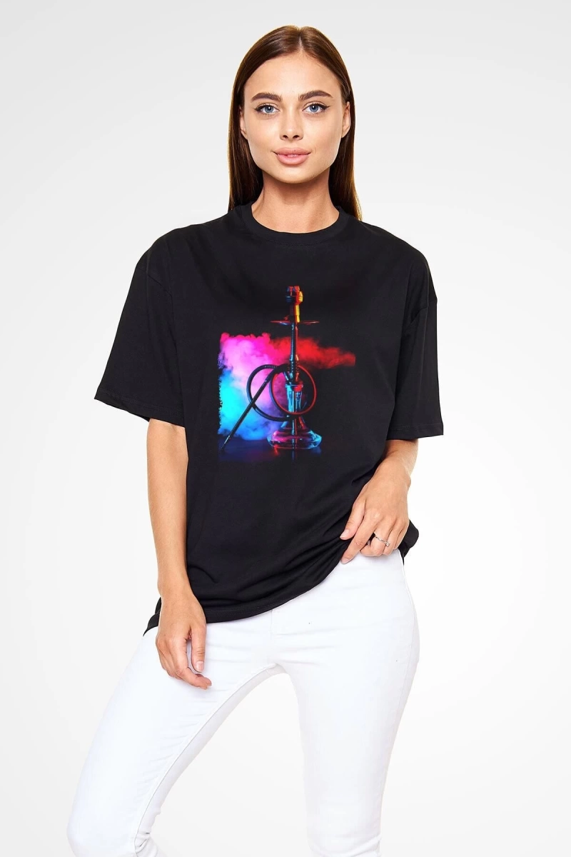 Ko Buta Nargile Baskılı Unisex Siyah Oversize T-shirt Os9944