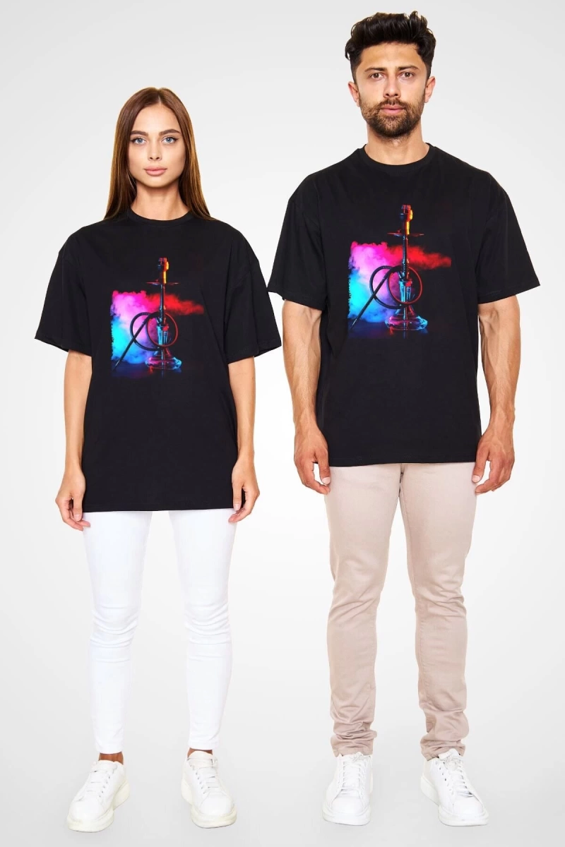 Ko Buta Nargile Baskılı Unisex Siyah Oversize T-shirt Os9944