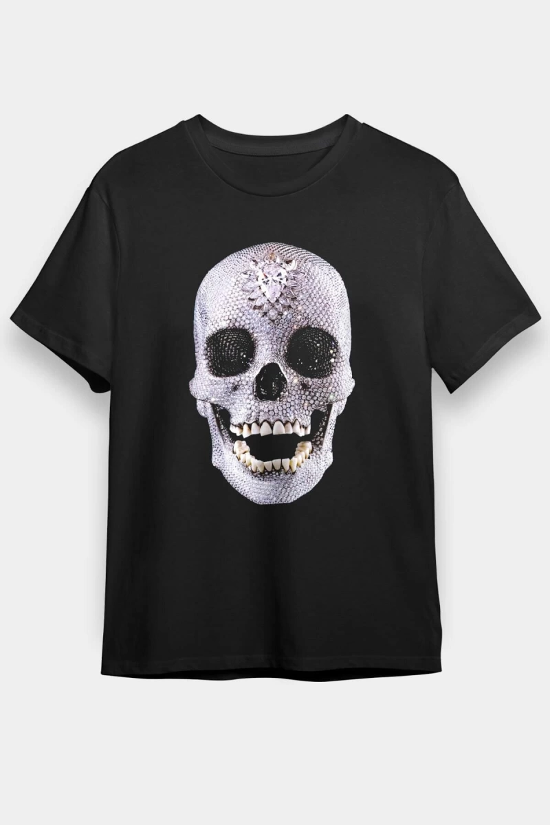 Ko Buta Pırlanta Taşlı Kurukafa Baskılı Unisex Siyah Tişört T14592