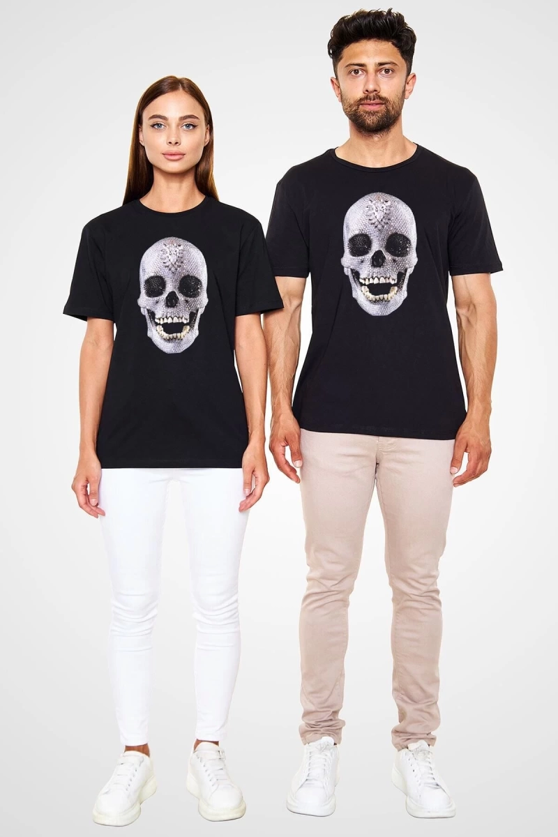 Ko Buta Pırlanta Taşlı Kurukafa Baskılı Unisex Siyah Tişört T14592