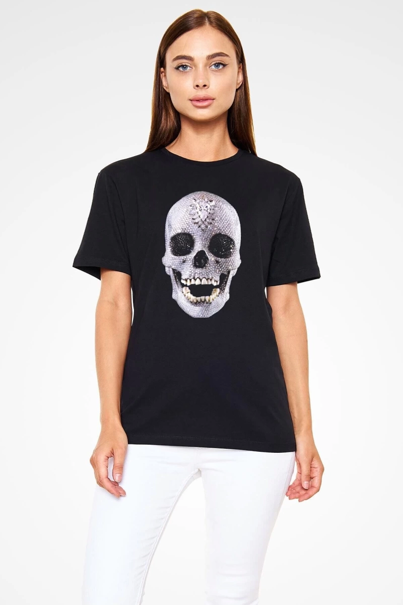 Ko Buta Pırlanta Taşlı Kurukafa Baskılı Unisex Siyah Tişört T14592